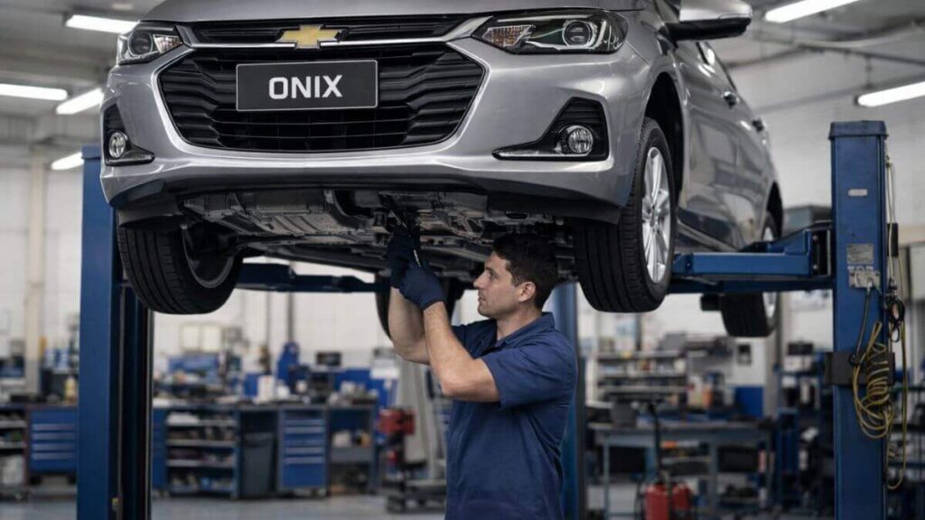Chevrolet Onix em elevador de oficina mecânica enquanto mecânico realiza manutenção preventiva