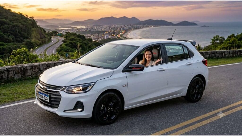 Dicas de acessórios para valorizar o Chevrolet Onix na revenda Chevrolet Onix branco bem conservado e personalizado com rodas de liga leve pretas, estacionado em uma rodovia litorânea com uma motorista sorrindo ao volante.