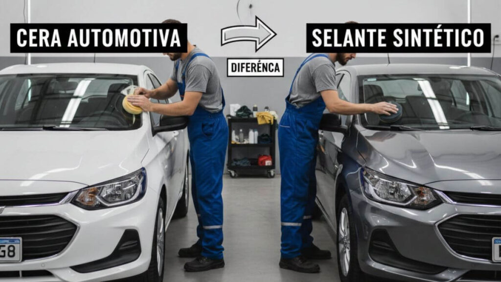 dois chevrolet onix homens passando cera automotiva e no outro onix passando selante sintetico
