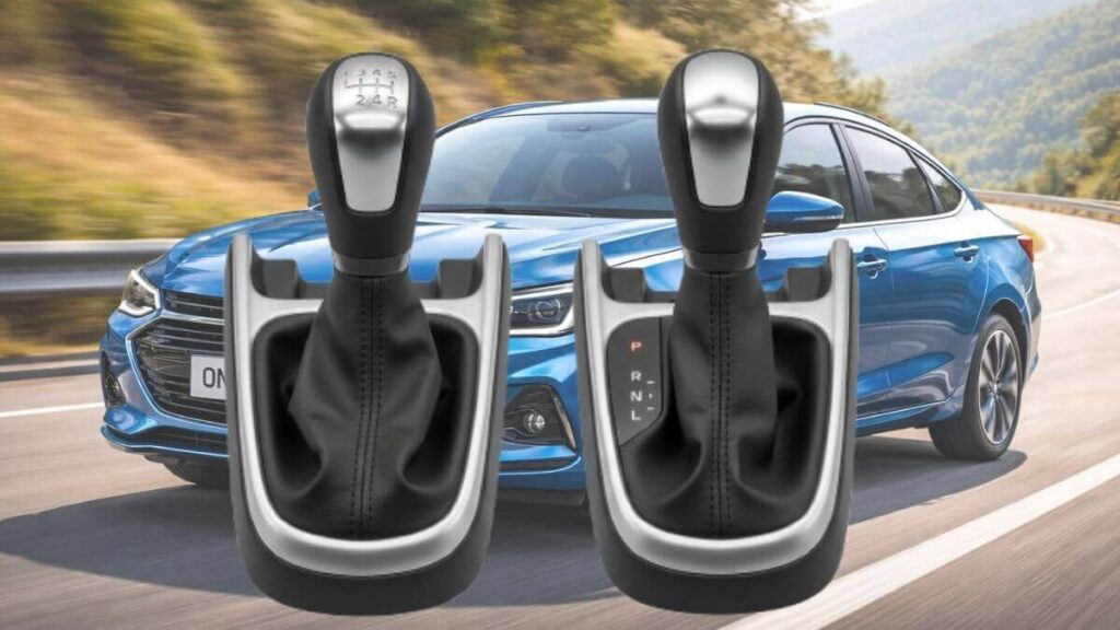 Comparação lado a lado do câmbio manual de seis marchas e do câmbio automático de seis marchas de um Chevrolet Onix, com foco nos detalhes das manoplas.