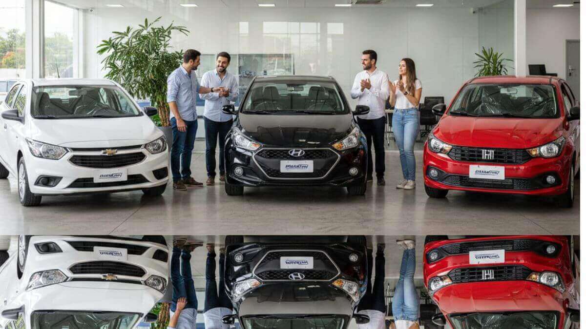 Comparativo de carros hatch em uma concessionária: Chevrolet Onix branco, Hyundai HB20 preto e Fiat Argo vermelho perfilados com pessoas admirando os veículos.