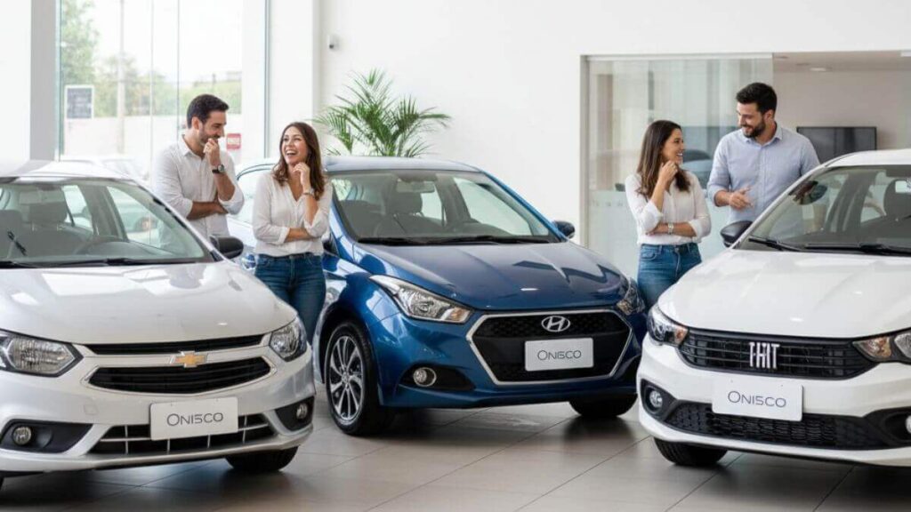 Três carros modernos em uma concessionária: um Chevrolet Onix prata, um Hyundai HB20 azul e um Fiat Argo branco. Pessoas ao redor observam os carros com expressões de admiração, sorrindo e analisando o design externo.