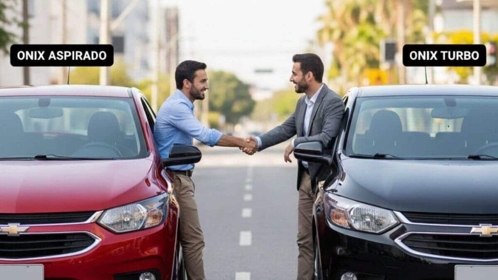 Dois homens bem vestidos em seus respectivos Chevrolet Onix, um vermelho e um preto, estacionados lado a lado. Eles estão sorrindo e apertando as mãos pelas janelas, simbolizando a aprovação das duas versões do carro.