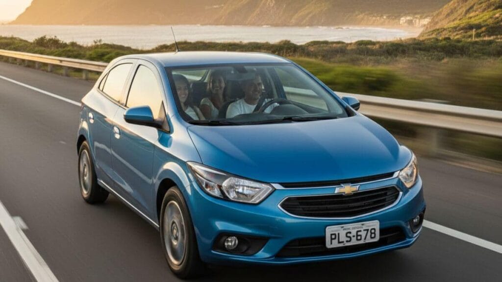 Vista interna e externa de um Chevrolet Onix em uma estrada, com motorista e passageiros nos bancos dianteiro e traseiro sorrindo e demonstrando conforto durante a viagem