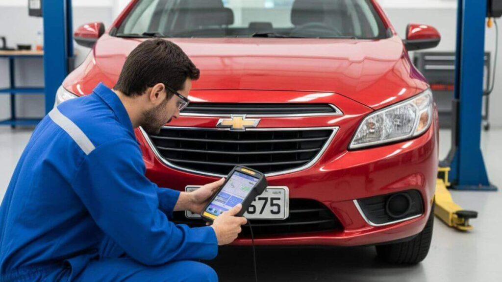Mecânico profissional em uma oficina organizada utilizando um scanner automotivo moderno no interior de um Chevrolet Onix vermelho. O foco está na tela do dispositivo realizando a leitura dos sistemas eletrônicos do veículo.