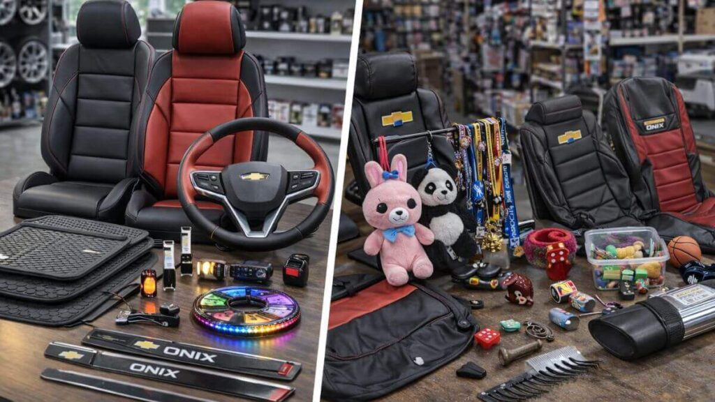 Comparação entre acessórios originais e acessórios genéricos para Chevrolet Onix, mostrando uma mesa organizada em loja renomada e outra mesa bagunçada com produtos de baixa qualidade