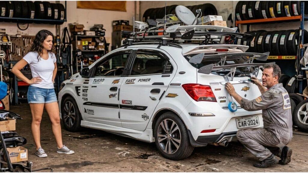 Excesso de acessórios e peças de baixa qualidade: erros graves na personalização do Onix Um Chevrolet Onix branco excessivamente modificado e sobrecarregado com acessórios genéricos de baixa qualidade e mal instalados em uma oficina. Uma jovem observa com desaprovação enquanto um homem tenta fixar ainda mais peças.
