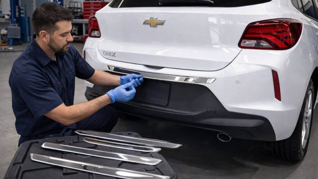 Mecânico instalando friso de para-choque traseiro no Chevrolet Onix branco em oficina organizada
