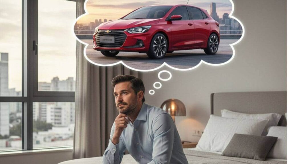 Homem bem arrumado sentado em uma cama em um quarto organizado, com uma expressão pensativa. Acima dele, um balão de pensamento ou efeito visual mostra um Chevrolet Onix vermelho brilhante, representando o seu desejo de compra.