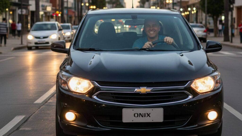 Homem sorrindo ao volante de um Chevrolet Onix preto de motor aspirado com faróis acesos, dirigindo por uma avenida urbana ao entardecer em Boa Vista."