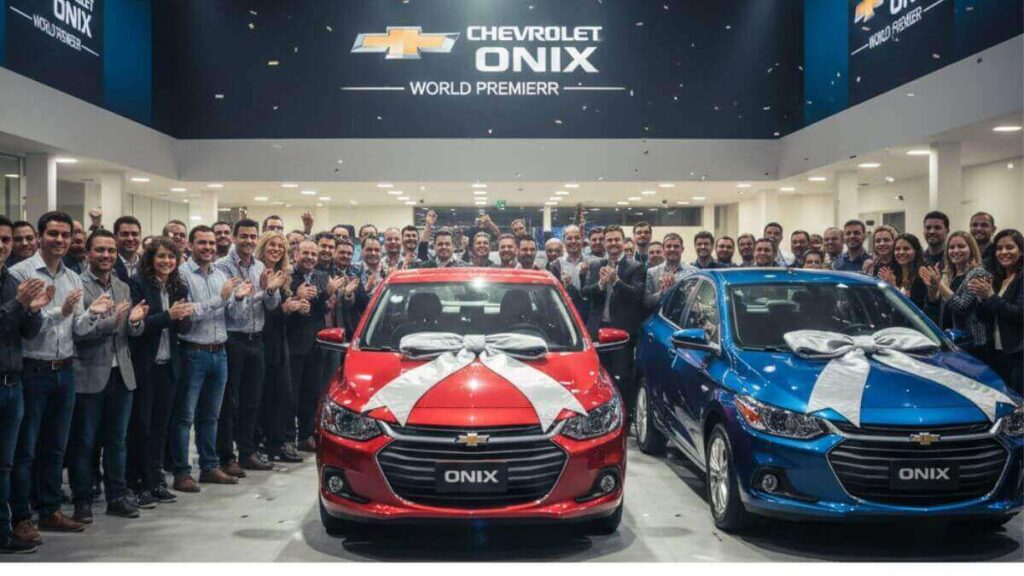 Evento de lançamento do novo Chevrolet Onix em uma concessionária moderna e iluminada. Um Onix vermelho com um grande laço de presente no capô está em destaque, rodeado por pessoas sorrindo e aplaudindo em um ambiente festivo com luzes de exposição.