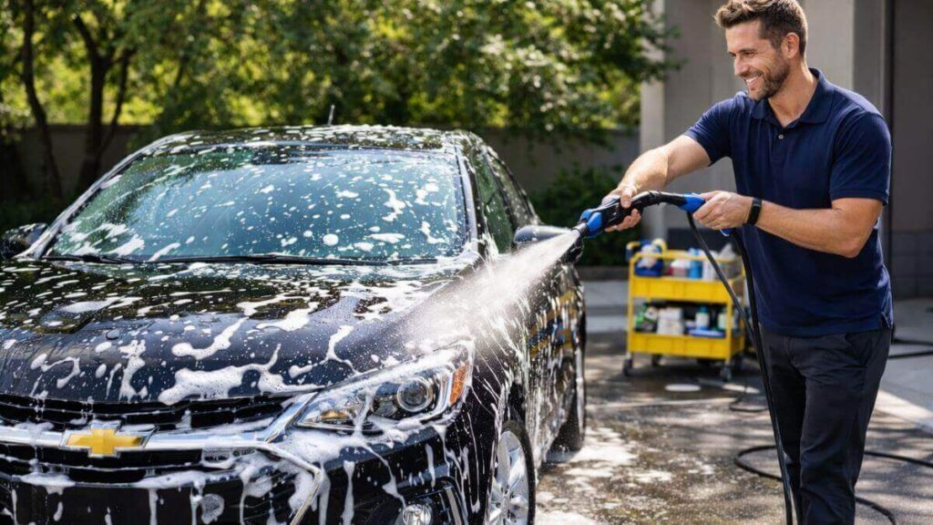 Lavagem do Chevrolet Onix na sombra com lataria fria usando técnica correta e mangueira