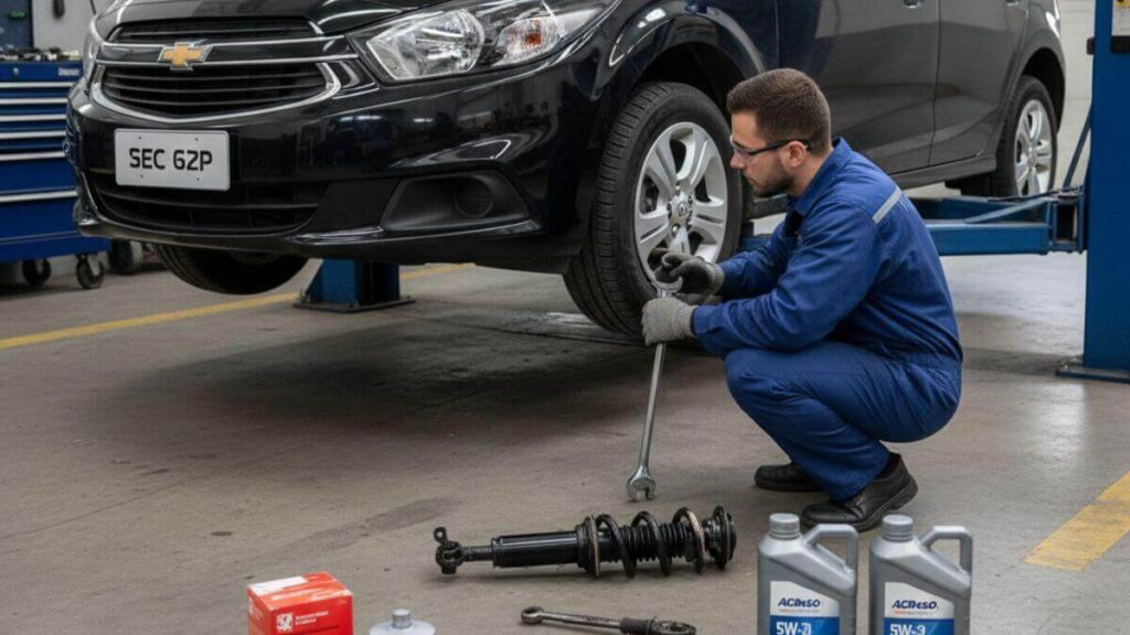 Chevrolet Onix preto elevado em um elevador automotivo dentro de uma oficina limpa. Um mecânico profissional trabalha embaixo do carro enquanto diversas peças novas como filtro de óleo, frascos de lubrificante, amortecedor e ferramentas estão organizadas no chão.