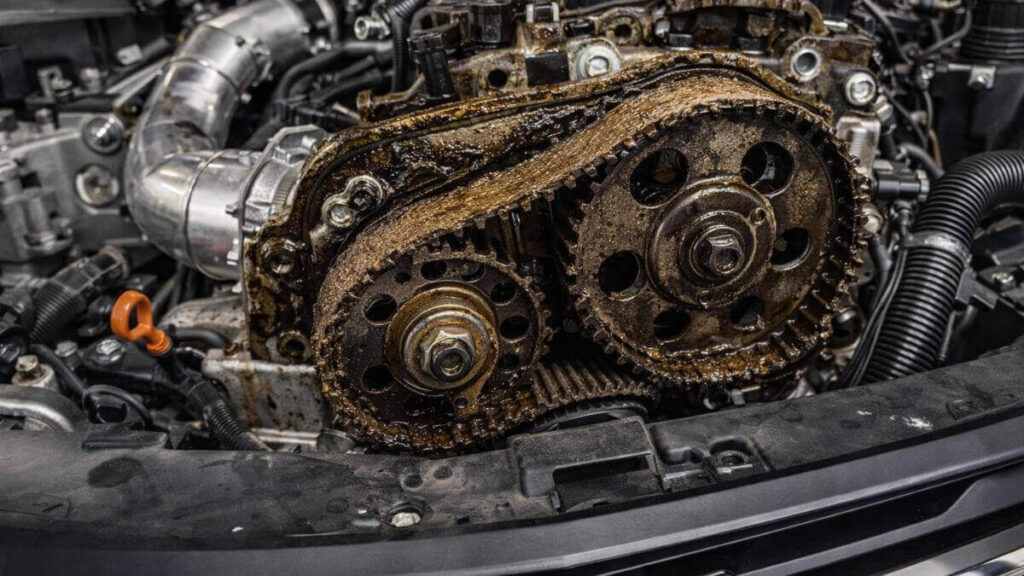 Motor turbo do Chevrolet Onix com correia dentada banhada a óleo apresentando desgaste causado pelo uso de óleo inadequado