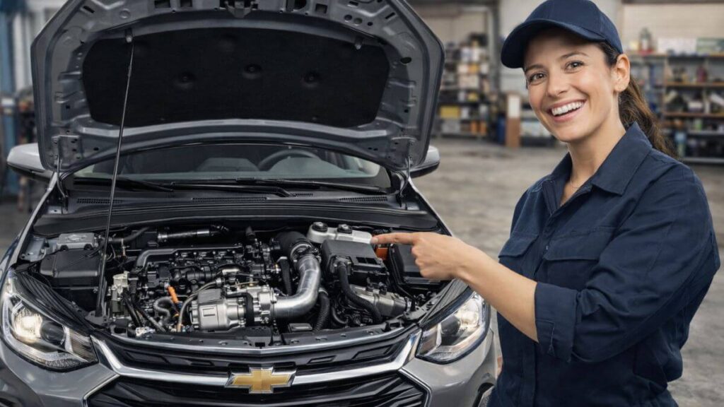 Motor turbo do Chevrolet Onix com capô aberto em oficina e mecânica apontando o conjunto