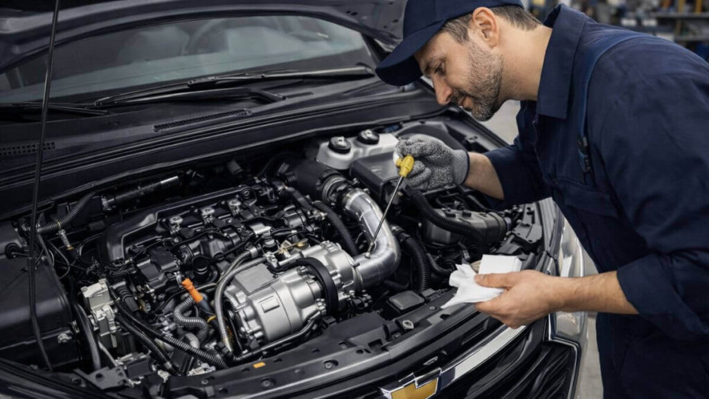 Motor turbo do Chevrolet Onix em oficina durante revisão preventiva, com mecânico verificando o nível e a qualidade do óleo
