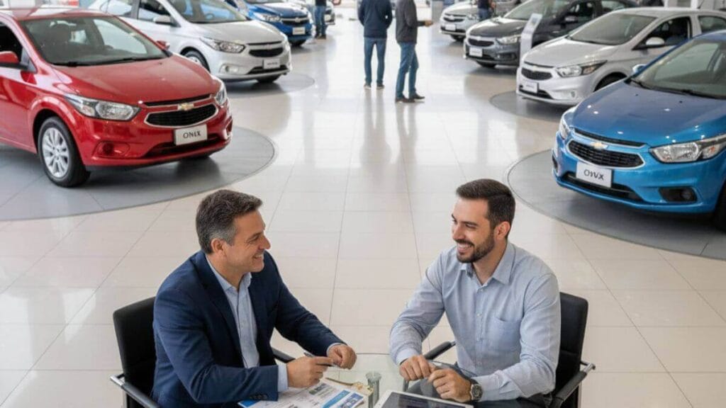 Vendedor e cliente sentados em uma mesa de escritório dentro de uma concessionária Chevrolet espaçosa e iluminada, sorrindo durante a negociação. Vários modelos Onix novos estão expostos ao fundo no salão de vendas