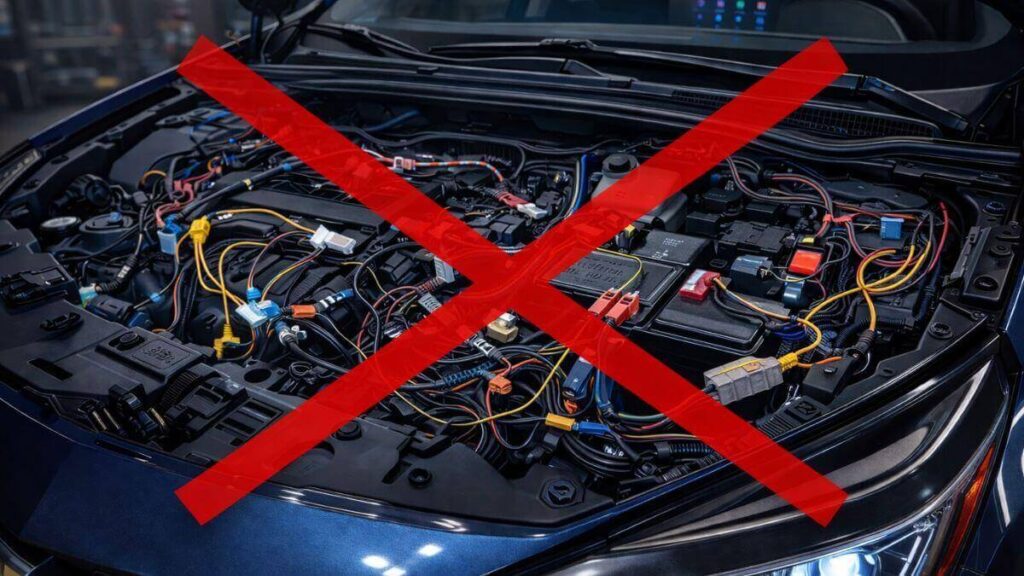 Chevrolet Onix 2025 com motor aberto e adaptações elétricas irregulares destacadas por um X vermelho, alertando sobre ligações diretas sem fusível e emendas mal feitas.