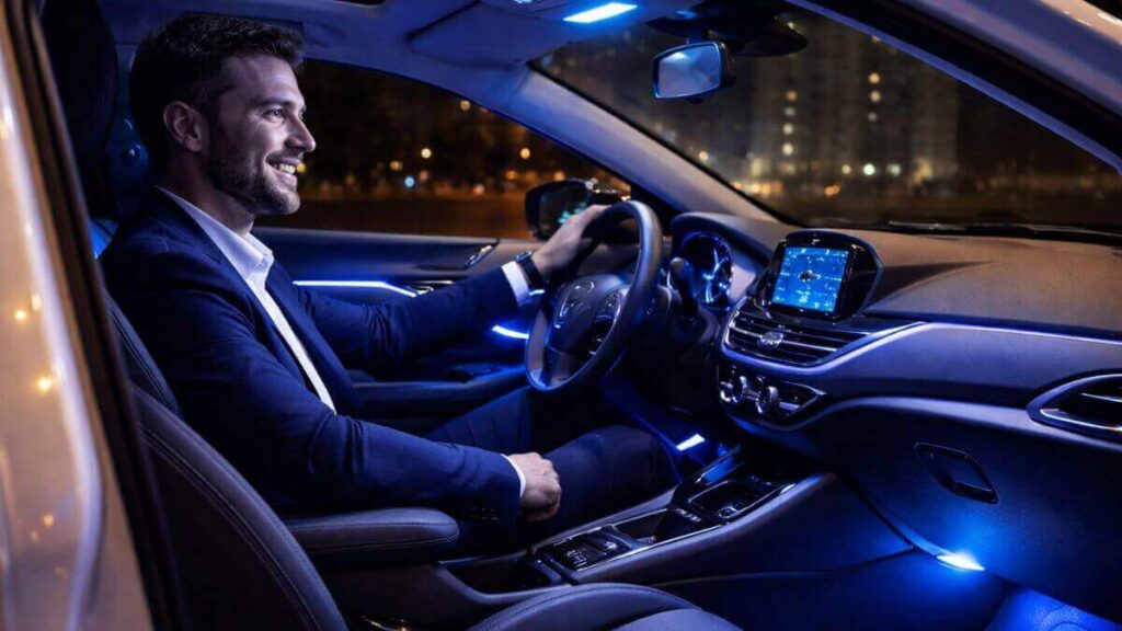 Onix branco à noite com interior iluminado em LED azul no painel e portas, mostrando homem sorrindo no banco do motorista admirando o visual moderno do carro.