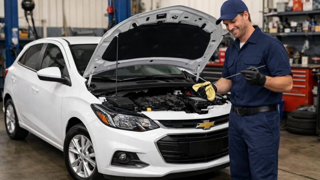 Mecânico verificando o nível do óleo com a vareta em um Chevrolet Onix branco dentro de uma oficina mecânica