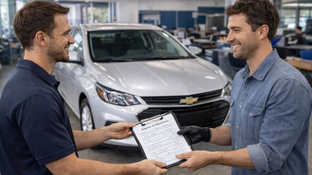 Vendedor entregando documentação de manutenção ao comprador de um Chevrolet Onix prata em loja automotiva