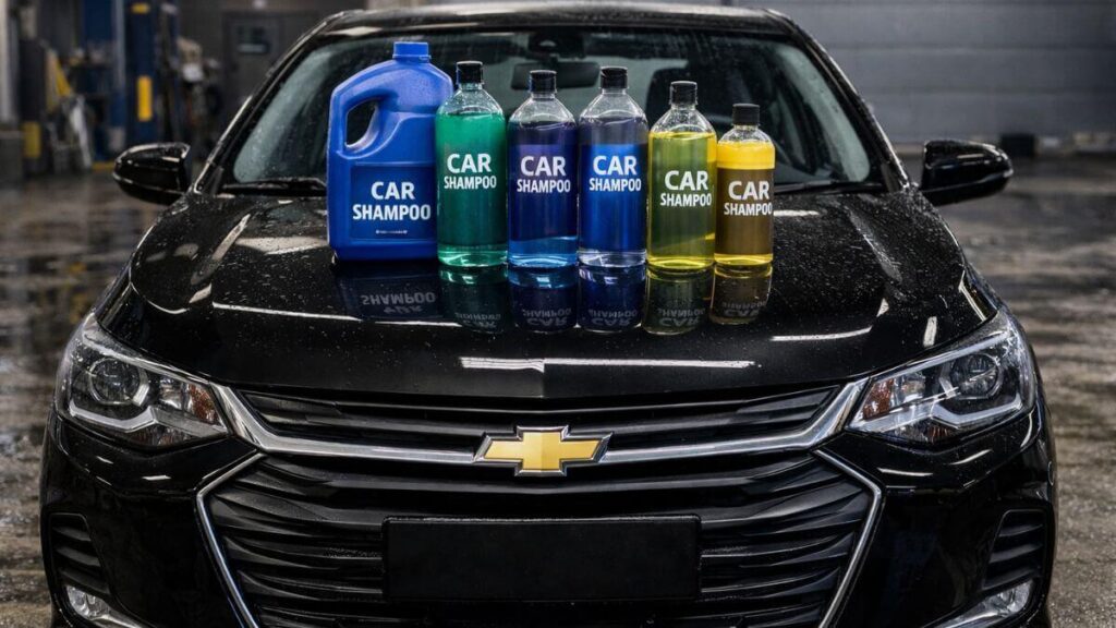 Chevrolet Onix preto em lava-jato com vários produtos automotivos de lavagem no capô, prontos para uma limpeza segura da pintura.