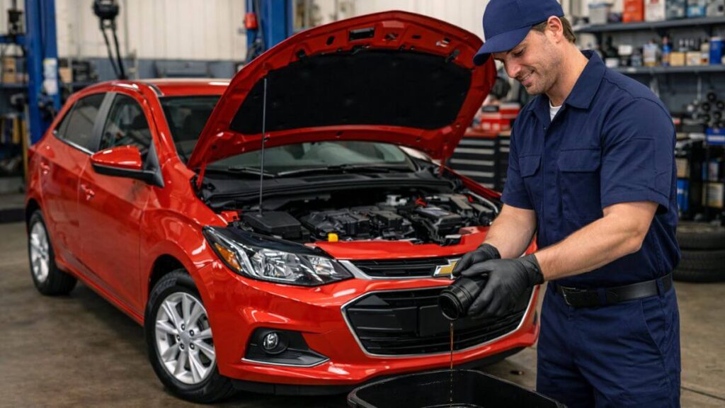 Mecânico realizando a troca do filtro de óleo do motor em um Chevrolet Onix vermelho dentro de uma oficina mecânica