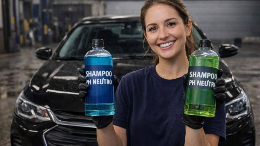 Jovem sorridente segurando dois frascos de shampoo automotivo pH neutro em frente a um Chevrolet Onix preto em lava-jato, destacando produtos seguros para lavagem de carro.