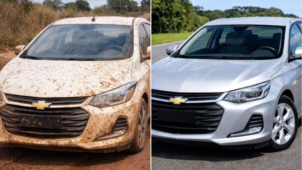Comparativo de dois Chevrolet Onix: à esquerda Onix branco sujo de lama em estrada de barro, à direita Onix prata limpo em asfalto, mostrando frequência ideal de lavagem