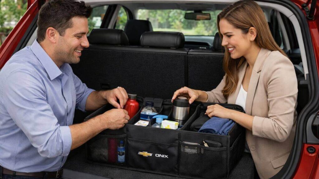 Organizador de porta-malas original do Chevrolet Onix sendo organizado por um homem e uma mulher sorrindo.