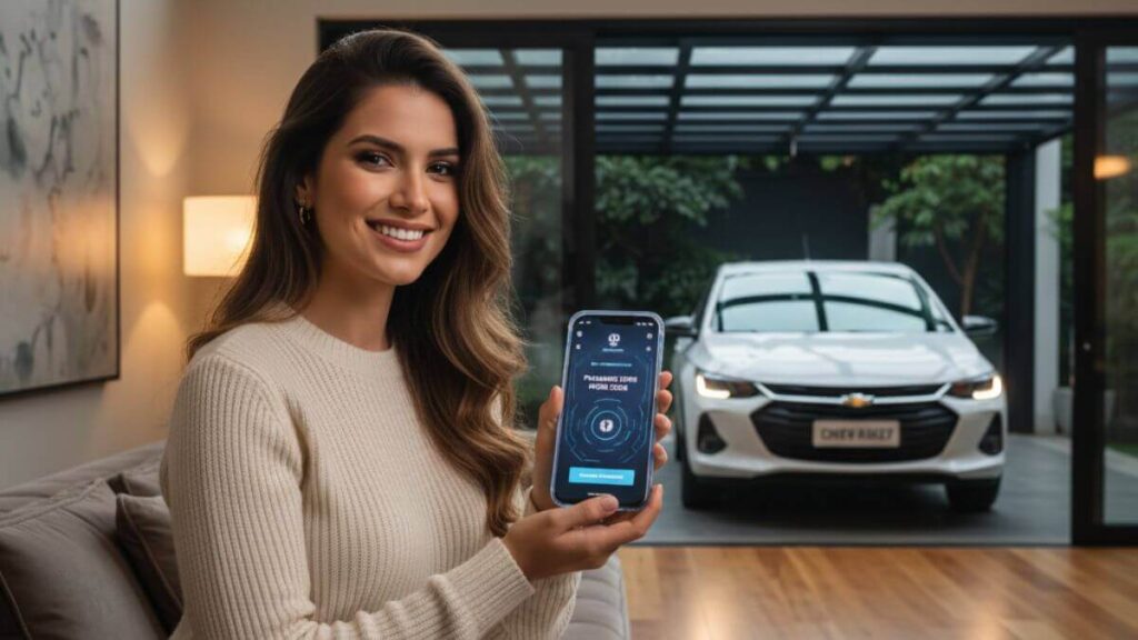 Jovem sorridente em uma sala confortável segurando um celular de última geração, mostrando o processo de pagamento do IPVA. Ao fundo, através de uma parede de vidro, vê-se um Chevrolet Onix branco estacionado na garagem.