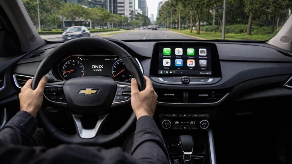 Painel do Chevrolet Onix 2025 preto ligado, mostrando a visão do motorista com volante, painel digital e central multimídia.