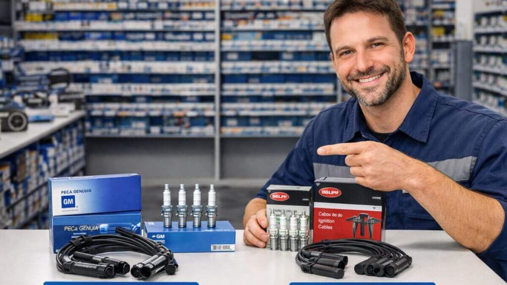 Homem apontando para peças originais e peças paralelas do Chevrolet Onix 2026 em balcão de loja automotiva organizada.