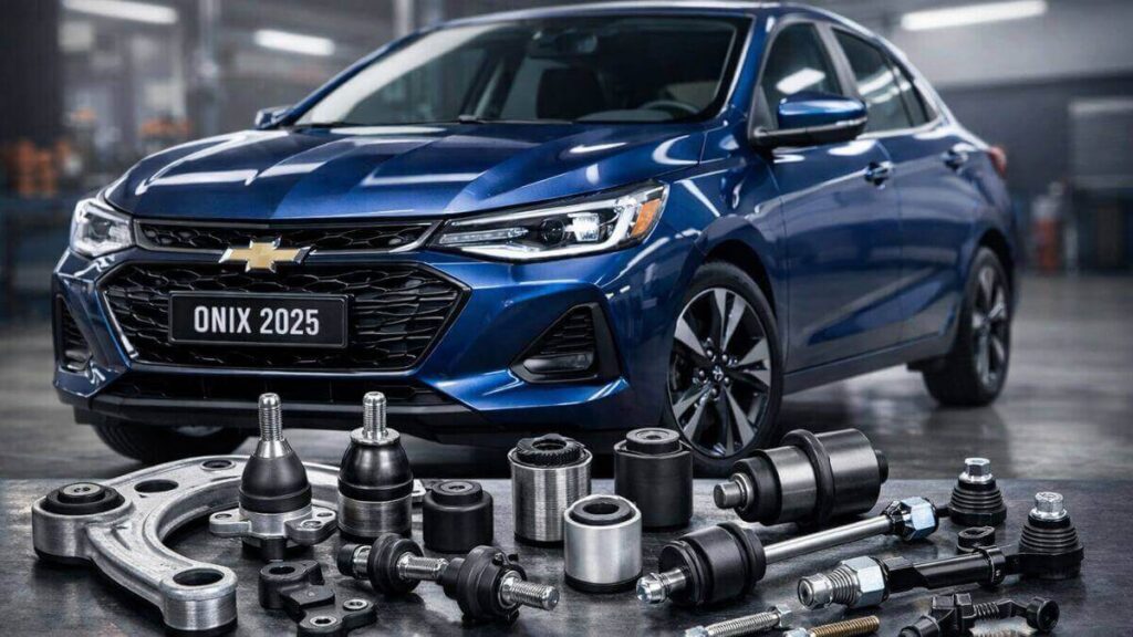 Pivôs, buchas e bielas do Chevrolet Onix 2025 posicionados à frente do veículo, destacando pequenos componentes da suspensão com grande impacto na dirigibilidade.