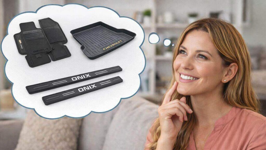 ovem planejando os acessórios do Chevrolet Onix por etapas, pensando em tapetes, bandeja de porta-malas e protetores de soleira.