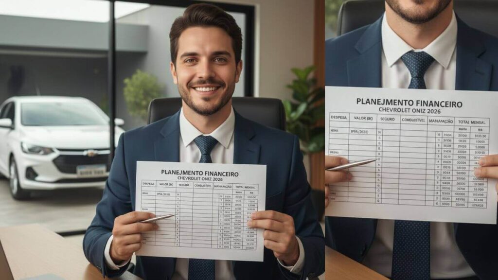 Homem jovem de terno sorrindo enquanto segura uma folha de papel com uma planilha de planejamento financeiro intitulada "Custos Chevrolet Onix 2026". Ao fundo, um Onix branco está estacionado, representando a economia planejada.