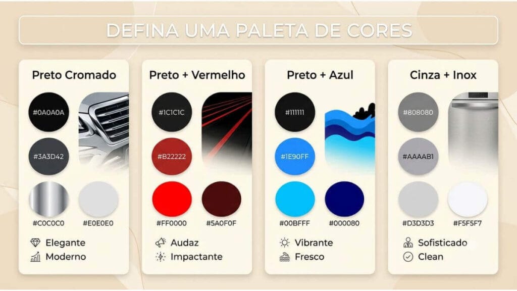 Exemplo de paleta de cores para planejamento visual de acessórios Infográfico com quatro opções de paleta de cores para acessórios: Preto Cromado, Preto com Vermelho, Preto com Azul e Cinza com Inox.