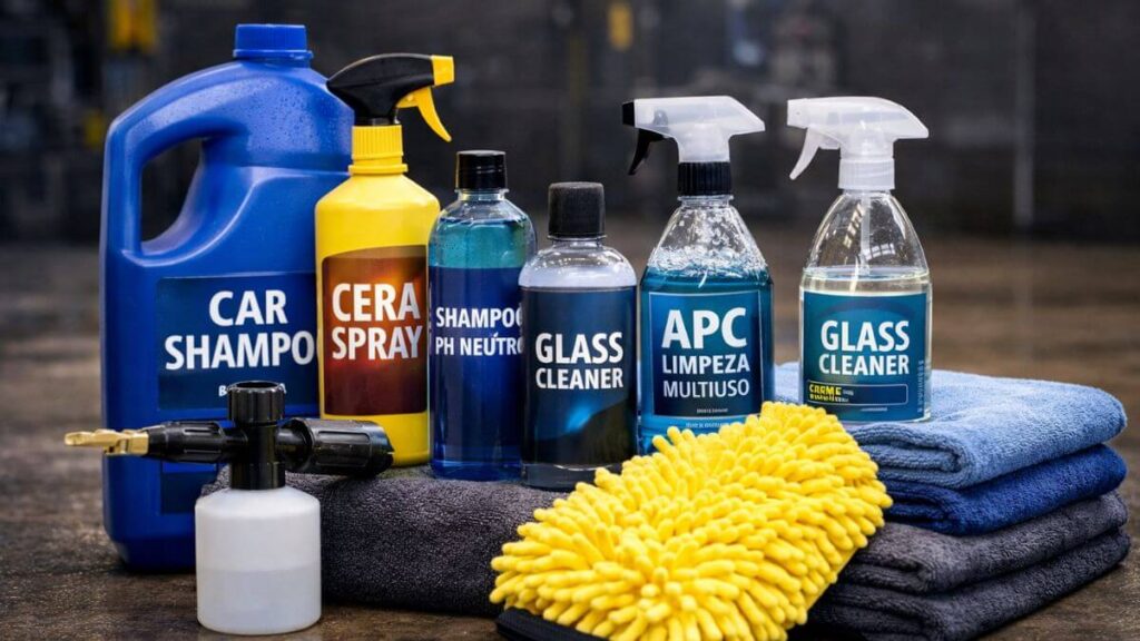 Produtos automotivos para lavar o Chevrolet Onix sem agredir a pintura, incluindo shampoos, cera, limpadores, luvas e toalhas de microfibra