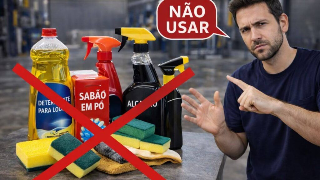 Homem bem arrumado aponta para produtos proibidos para lavar o Chevrolet Onix em um lava-jato, incluindo detergente de cozinha, sabão em pó, produtos alcalinos, esponjas comuns e buchas domésticas, todos com um X vermelho indicando que não devem ser usados.