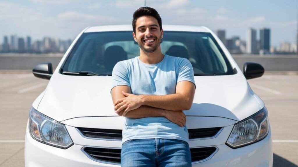 Um homem jovem e sorridente abraçando o capô de um Chevrolet Onix branco em um dia ensolarado, demonstrando satisfação com o veículo.