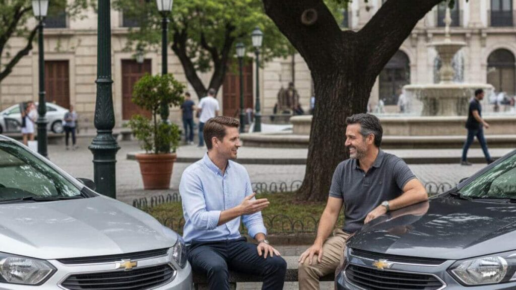 Dois homens bem vestidos conversando amigavelmente em uma praça arborizada, sentados próximos a dois Chevrolet Onix, um na cor cinza e outro prata, estacionados sob a sombra das árvores.