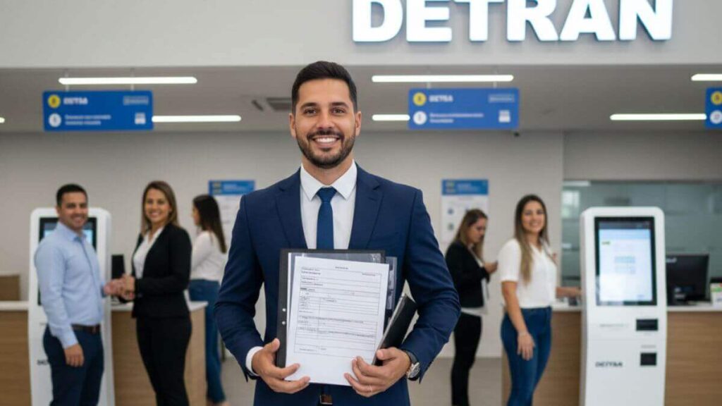 Homem jovem e sorridente, vestindo terno azul, segurando uma pasta com documentos organizados dentro de uma agência moderna do Detran. Ao fundo, funcionários e guichês de atendimento simbolizam um processo de regularização eficiente.