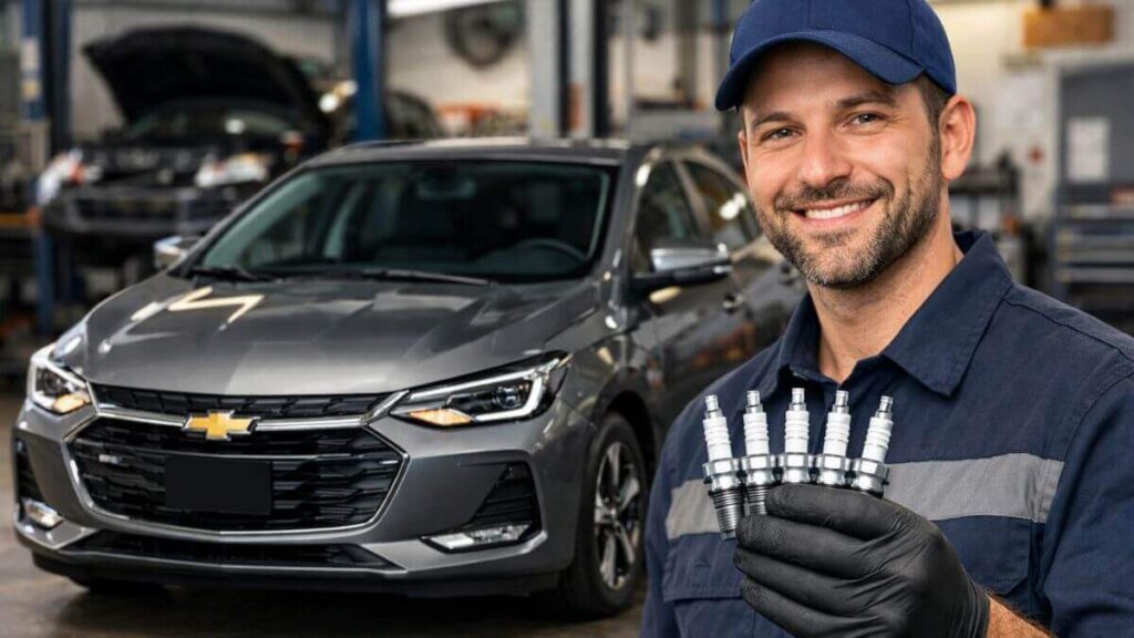 Chevrolet Onix 2026 cinza em oficina com mecânico segurando as velas para revisão e troca