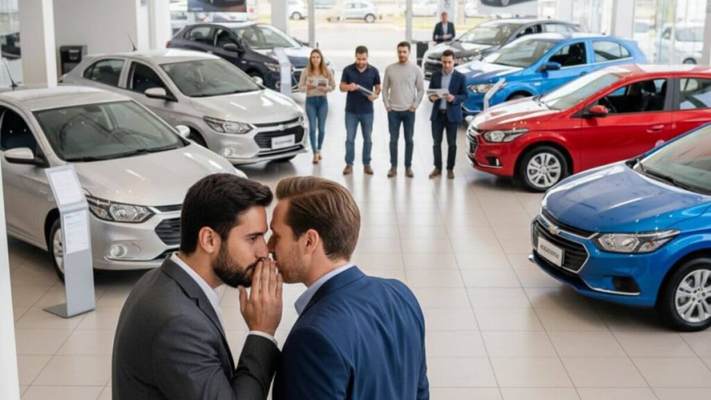 Dois homens bem vestidos em primeiro plano cochichando ao ouvido um do outro dentro de uma ampla concessionária, com vários modelos de Chevrolet Onix coloridos e clientes ao fundo.