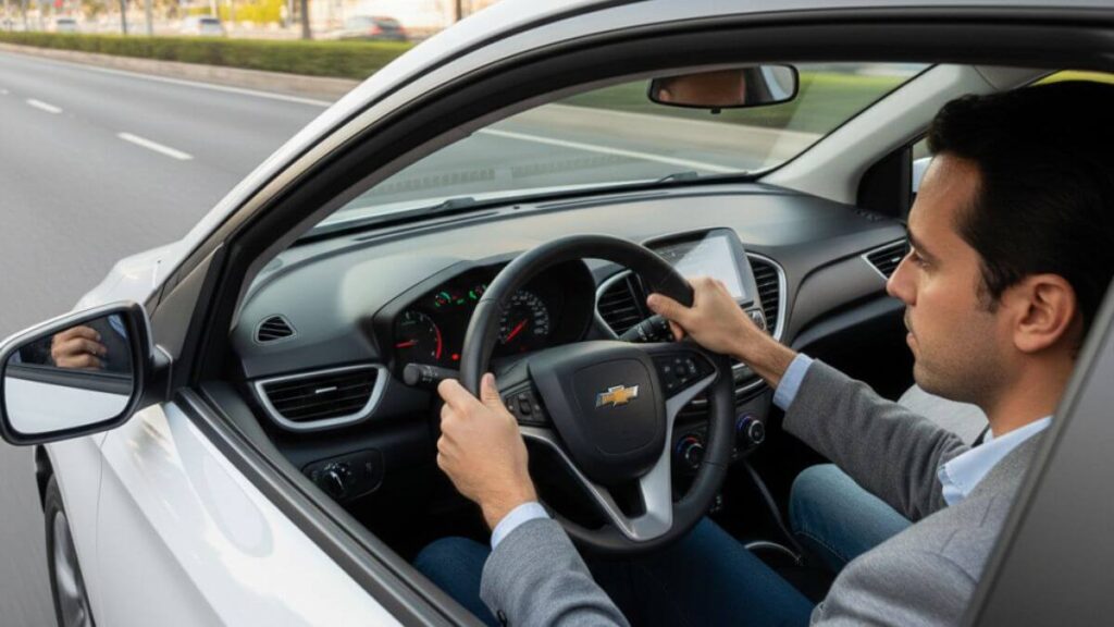 Homem realizando test drive em um Chevrolet Onix branco em uma avenida urbana, segurando o volante com atenção, 