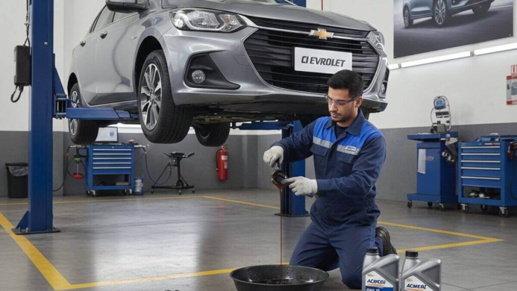 Chevrolet Onix cinza elevado em um elevador hidráulico dentro de uma oficina limpa. Um mecânico profissional uniformizado realiza a troca de óleo por baixo do veículo, com galões de óleo e ferramentas organizadas ao redor.