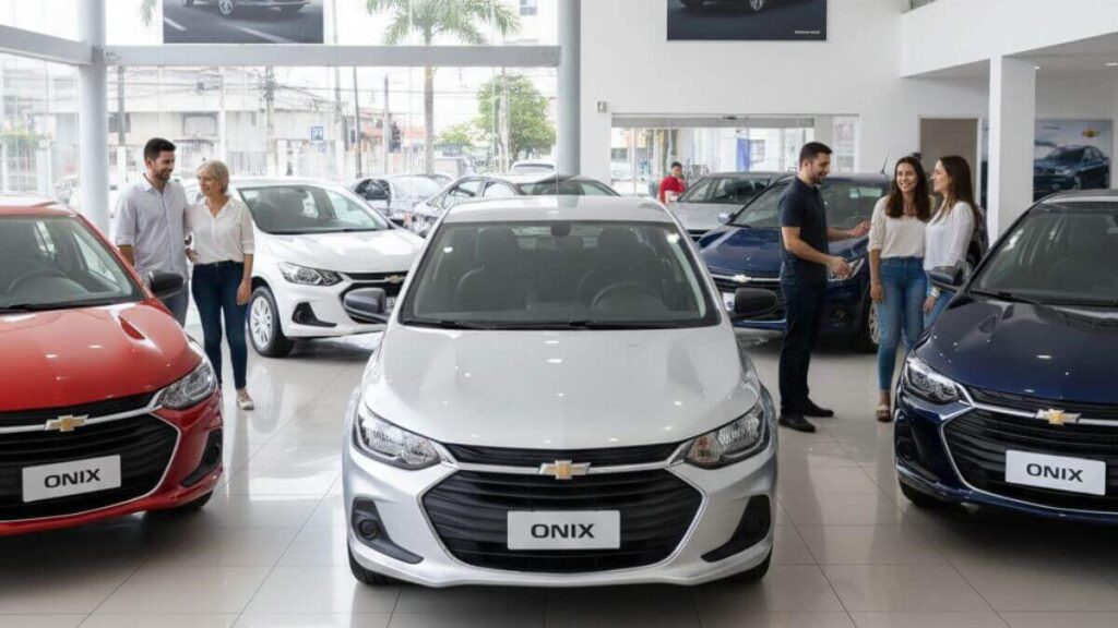 Showroom de concessionária moderna exibindo várias versões do Chevrolet Onix em diferentes cores, como prata, vermelho e azul, alinhados lado a lado em um ambiente iluminado e profissional.