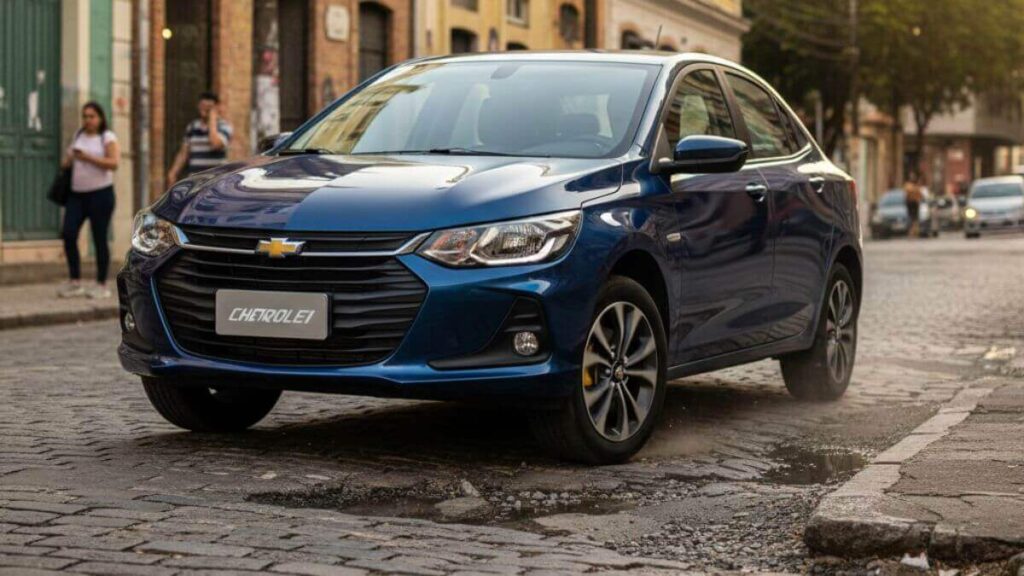 Chevrolet Onix 2026 azul metálico trafegando sobre rua de paralelepípedos irregular com poças d'água, demonstrando a estabilidade e o trabalho do sistema de suspensão em ambiente urbano histórico.