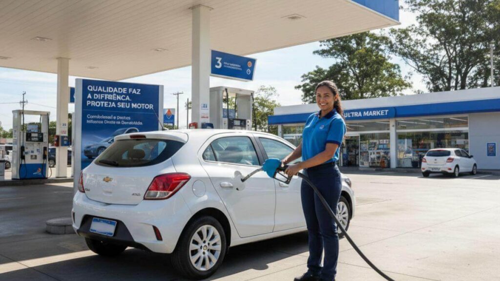 Abastecendo o carro Onix com combustível de qualidade em um posto de confiança.