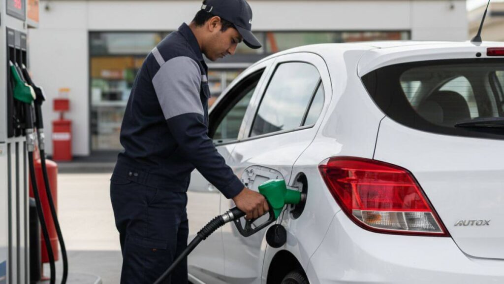 Chevrolet Onix branco sendo abastecido em um posto de combustível, com o frentista inserindo a bomba no bocal localizado corretamente na parte traseira do veículo."